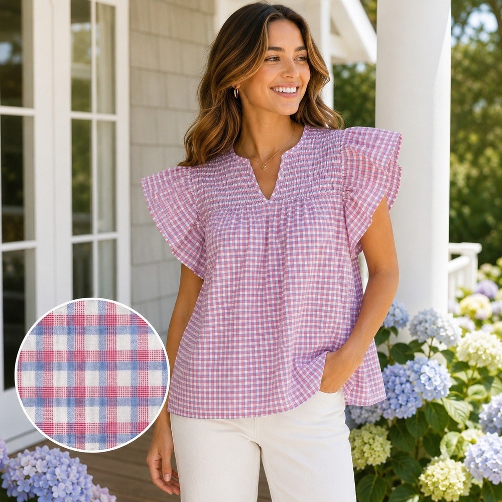 Washco Pink Blue Gingham Smocked Flutter Sleeve Babydoll Top Coastal Large